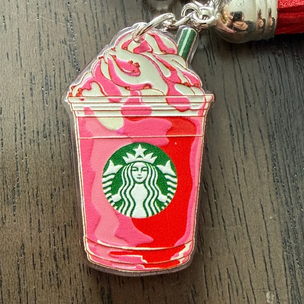 Starbucks inspired Pink Red and White Frappuccino Keychain with red tassle